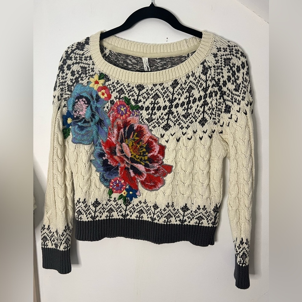 Anthropologie Cable Knit Fair Isle Sweater Size XXSP in Ivory NWT